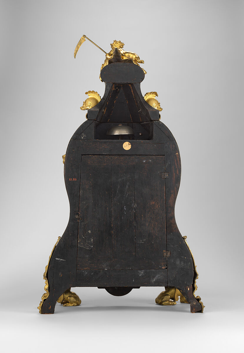 Clock (pendule à console), Movement by Louis Mÿnüel (French, about 1675/80–1742), Case: oak veneered with brass and tortoiseshell with gilded-bronze mounts; Dial: gilded brass and enamel, French, Paris