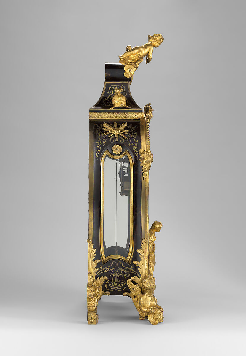 Clock (pendule à console), Movement by Louis Mÿnüel (French, about 1675/80–1742), Case: oak veneered with brass and tortoiseshell with gilded-bronze mounts; Dial: gilded brass and enamel, French, Paris