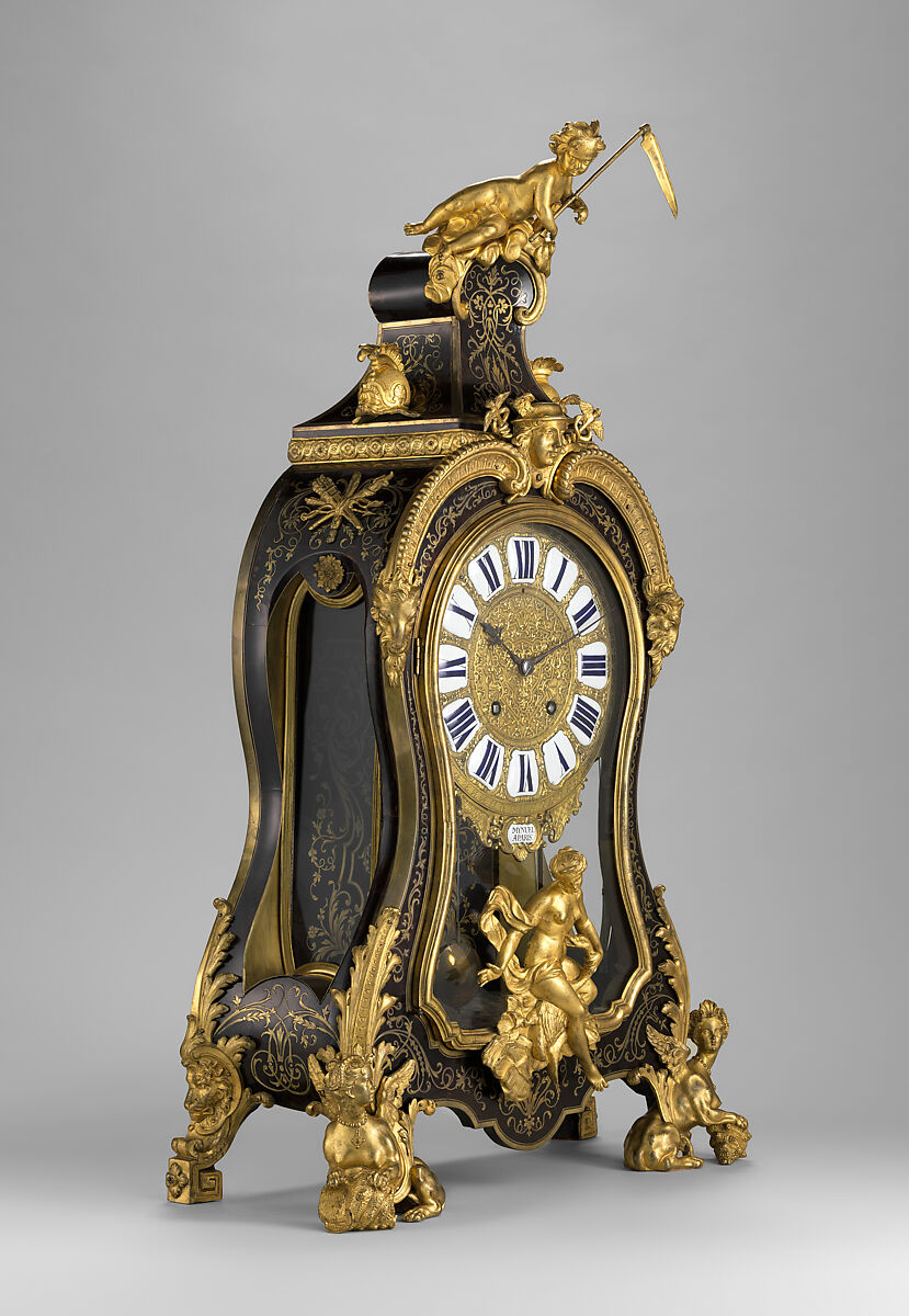 Clock (pendule à console), Movement by Louis Mÿnüel (French, about 1675/80–1742), Case: oak veneered with brass and tortoiseshell with gilded-bronze mounts; Dial: gilded brass and enamel, French, Paris