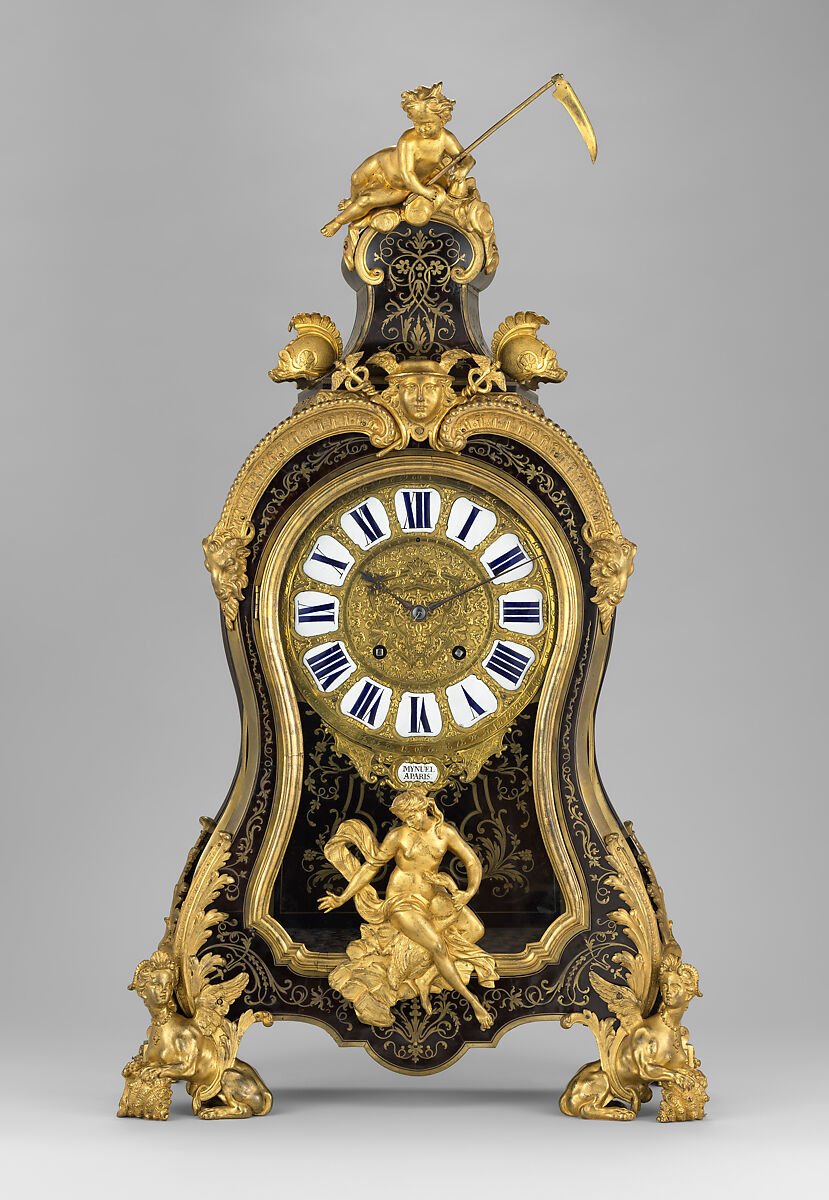 Clock (pendule à console), Movement by Louis Mÿnüel (French, about 1675/80–1742), Case: oak veneered with brass and tortoiseshell with gilded-bronze mounts; Dial: gilded brass and enamel, French, Paris 