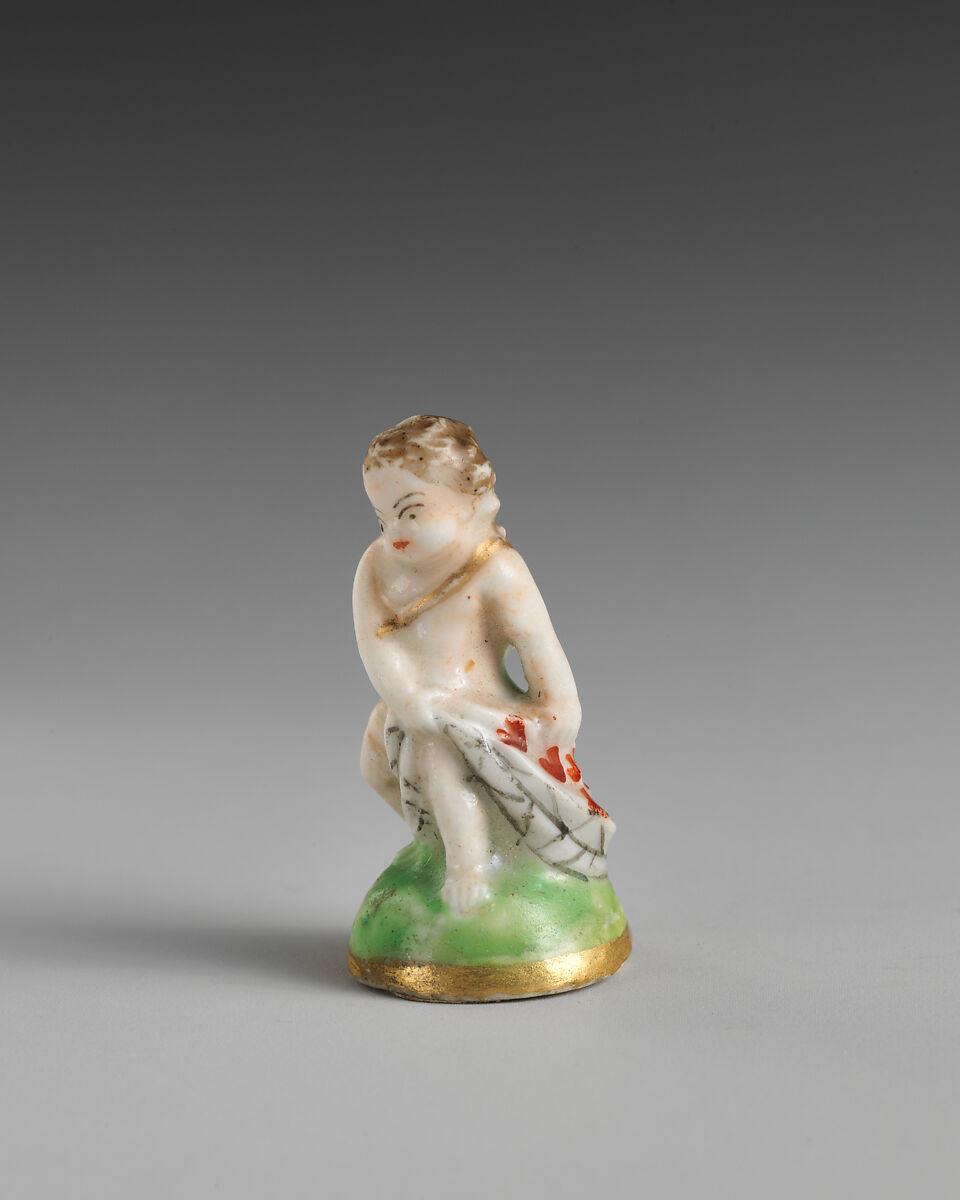 Miniature seal in the form of Cupid, Derby Porcelain Manufactory (British, Chelsea-Derby period, 1769–1784), Soft-paste porcelain, British, Chelsea-Derby 