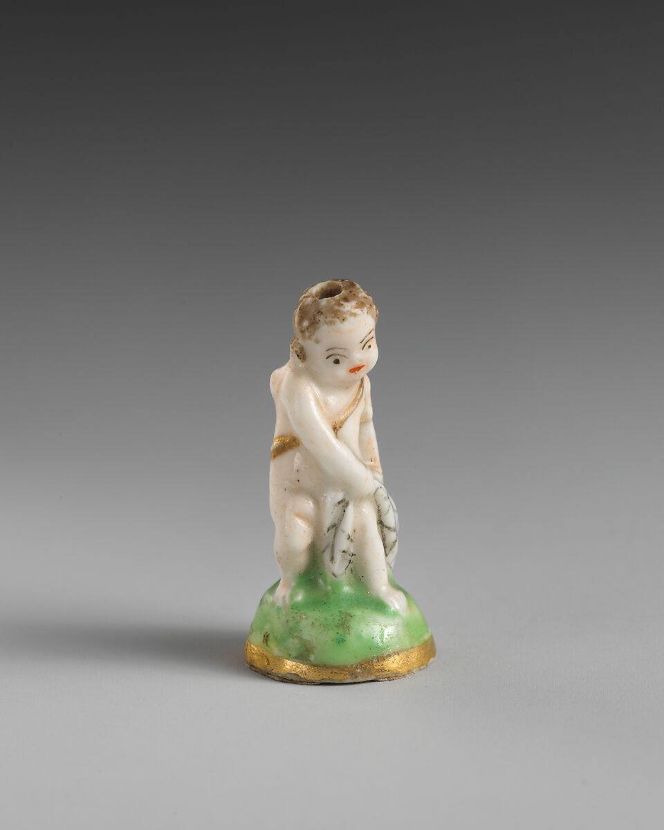 Miniature seal in the form of Cupid, Derby Porcelain Manufactory (British, Chelsea-Derby period, 1769–1784), Soft-paste porcelain, British, Chelsea-Derby