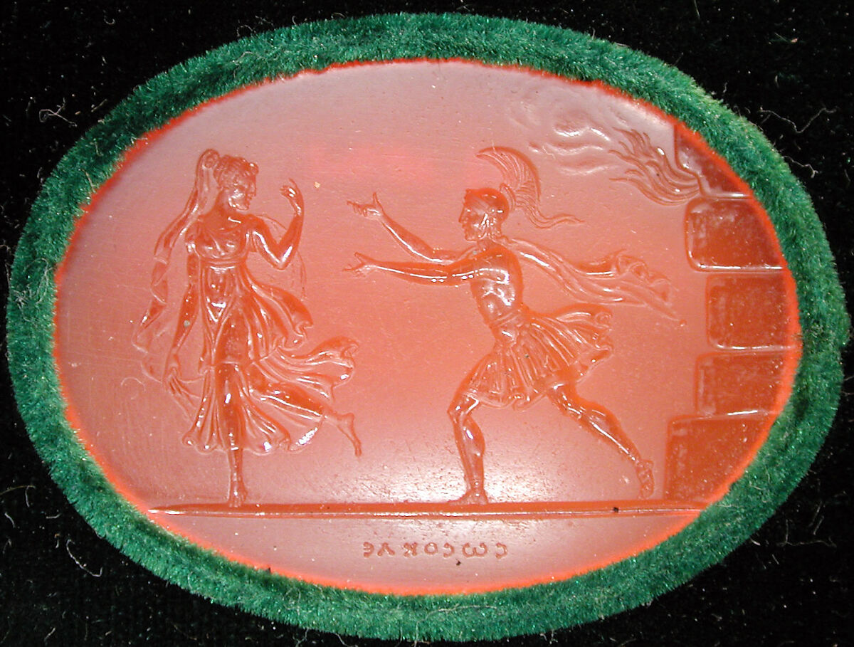 The ghost of Creusa disappearing from Aeneas near the burning wall of Troy, Carnelian, probably Italian 