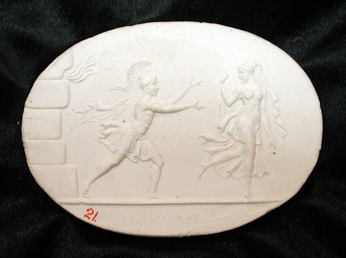 The ghost of Creusa disappearing from Aeneas near the burning wall of Troy, Carnelian, probably Italian