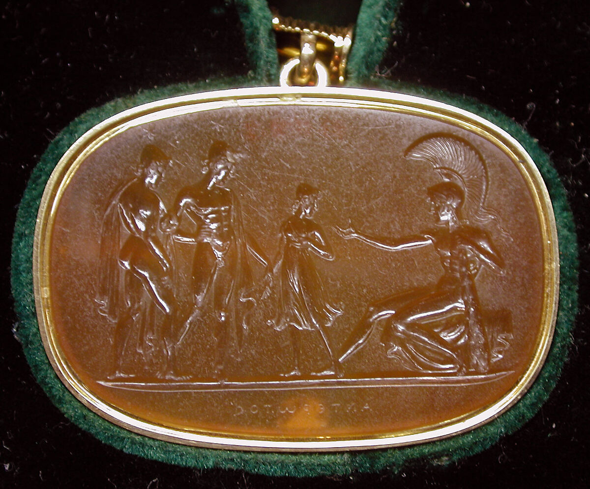Theseus restoring Helen to the brothers Castor and Pollux, Carnelian and gold, probably Italian 