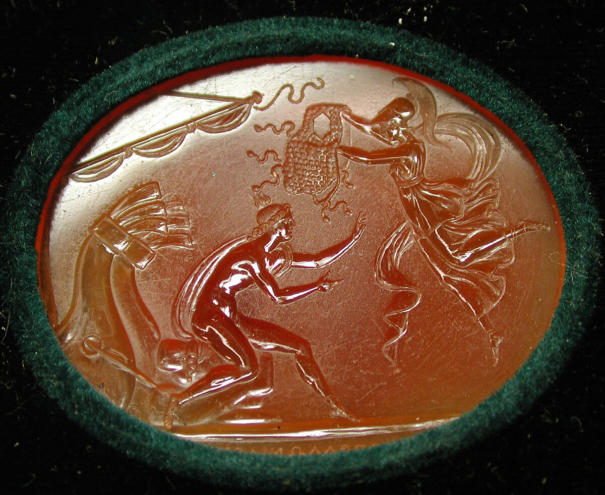 Minerva throwing her aegis over Achilles, Carnelian, probably Italian 