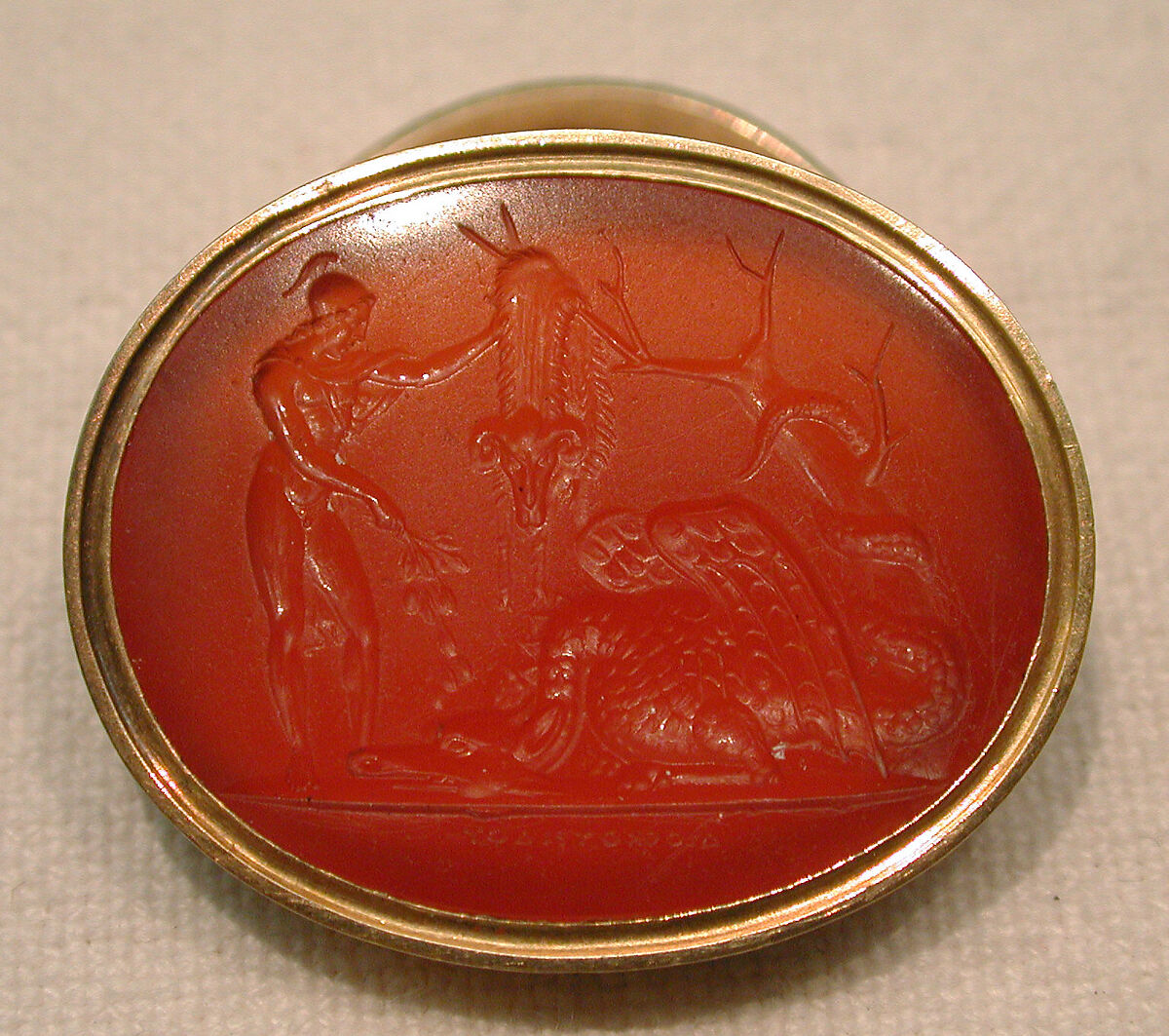 Jason pacifying the dragon, Carnelian and gold, probably Italian 