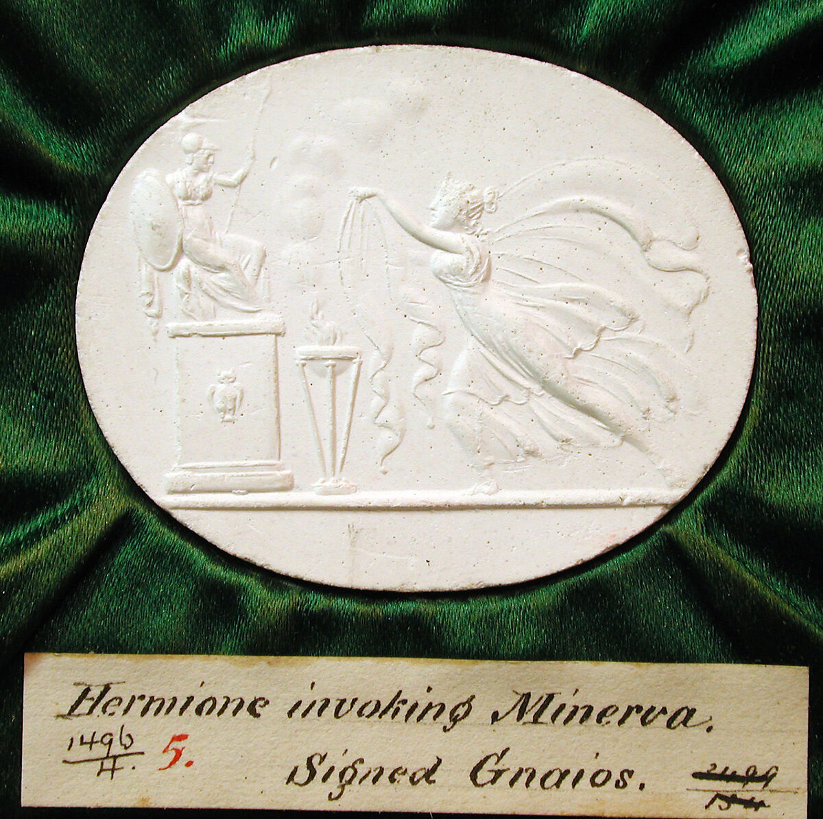 Hermione invoking Minerva, Chalcedony intaglio and gesso impression, velvet box, Italian