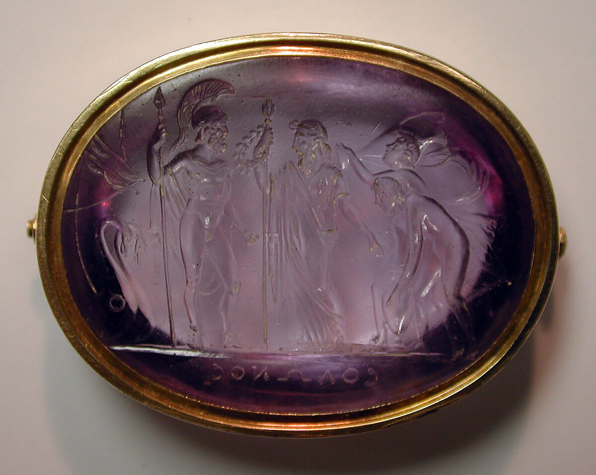 Chryseis with an attendant bearing presents, praying to Menelaus to restore his daughter, Amethyst and gold, probably Italian 