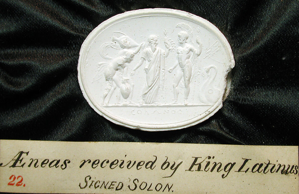 Chryseis with an attendant bearing presents, praying to Menelaus to restore his daughter, Amethyst and gold, probably Italian