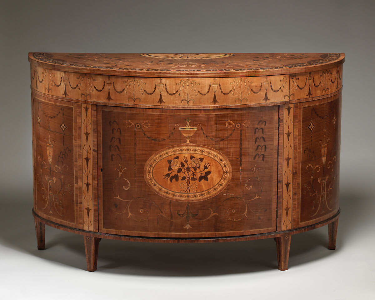 Commode (one of a pair), Attributed to William Moore (active 1782–1815), Harewood and satinwood, inlaid with various woods, carcass of pine, Irish