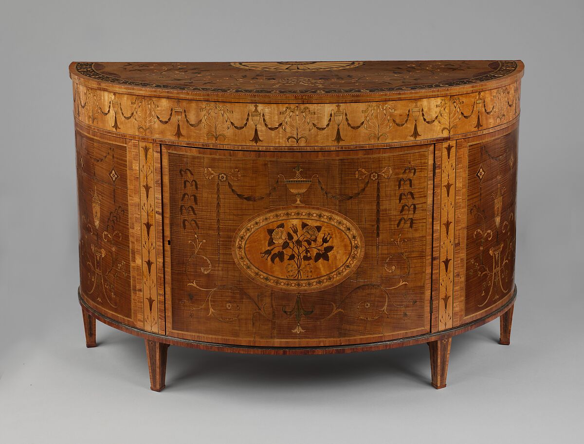 Commode (one of a pair), Attributed to William Moore (active 1782–1815), Harewood and satinwood, inlaid with various woods, carcass of pine, Irish 