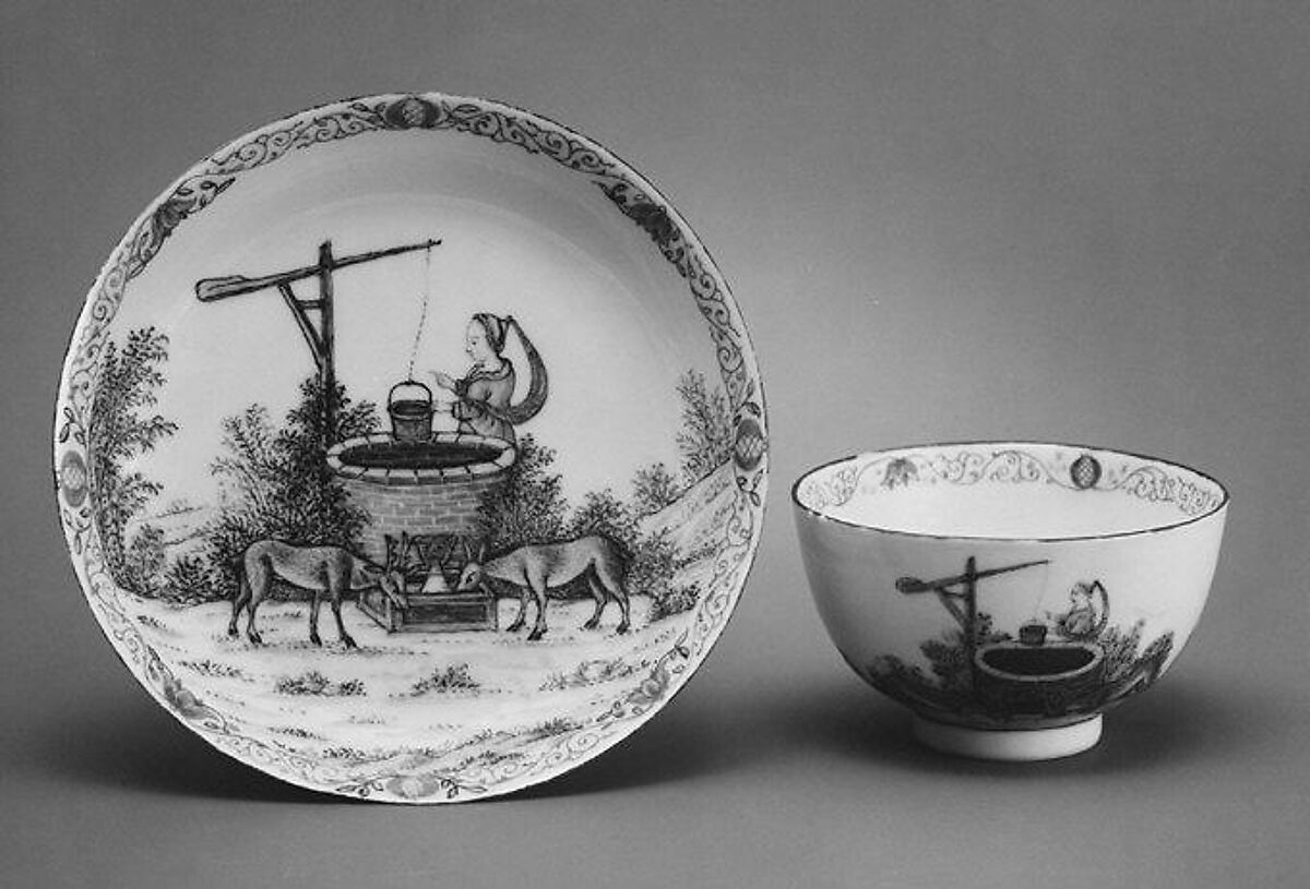 Teabowl and saucer, Hard-paste porcelain, Chinese with Dutch decoration, for Dutch market 