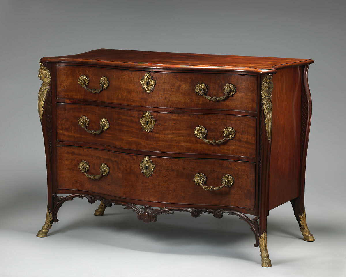 Chest of drawers, Attributed to William Vile (British, Somerset 1715–1767 London), Pine veneered with mahogany; gilt bronze, British 