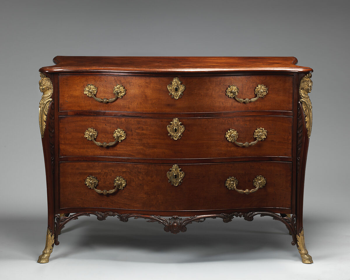 Chest of drawers, Attributed to William Vile (British, Somerset 1715–1767 London), Pine veneered with mahogany; gilt bronze, British