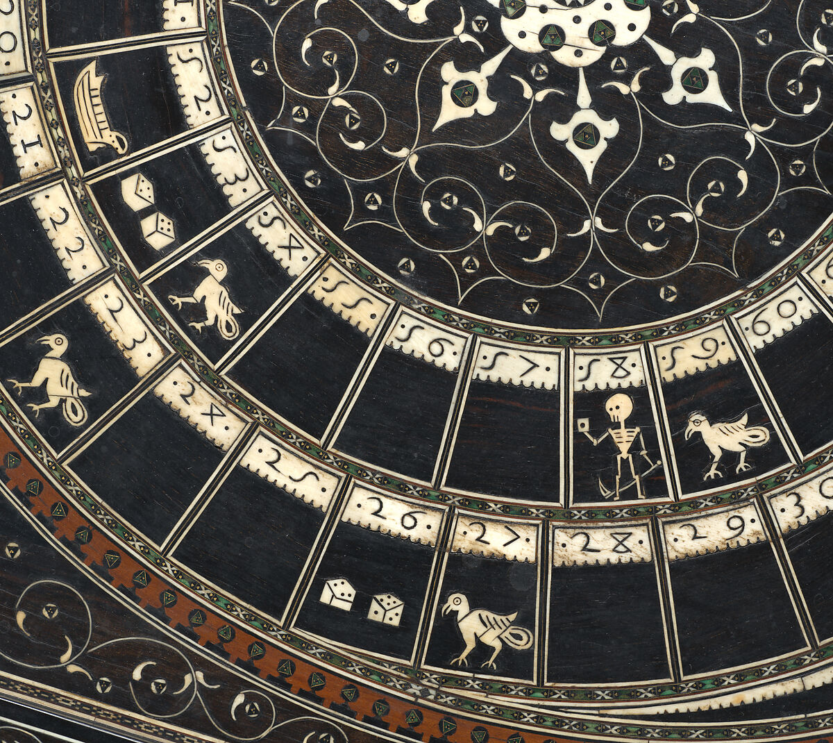 Chess and goose game board, Ebony, ebonized wood, ivory, horn, gold wire, Indian, Gujarat