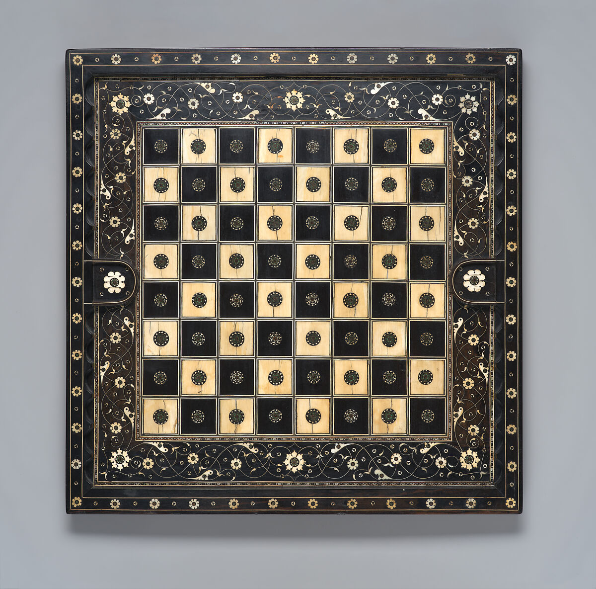 Chess and goose game board, Ebony, ebonized wood, ivory, horn, gold wire, Indian, Gujarat