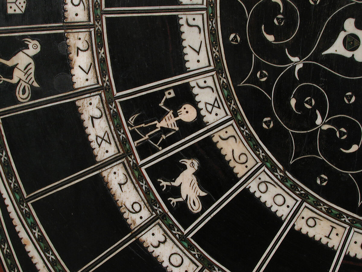 Chess and goose game board, Ebony, ebonized wood, ivory, horn, gold wire, Indian, Gujarat