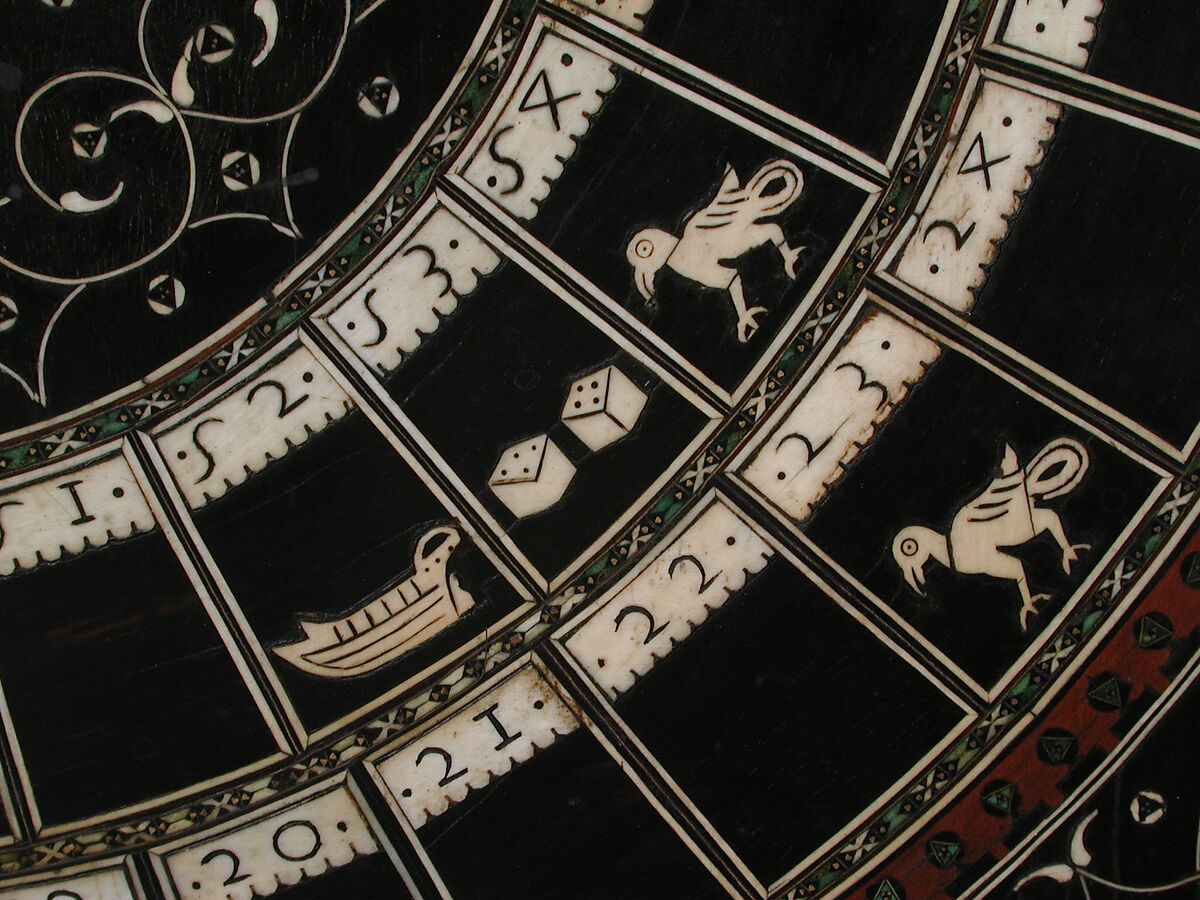 Chess and goose game board, Ebony, ebonized wood, ivory, horn, gold wire, Indian, Gujarat