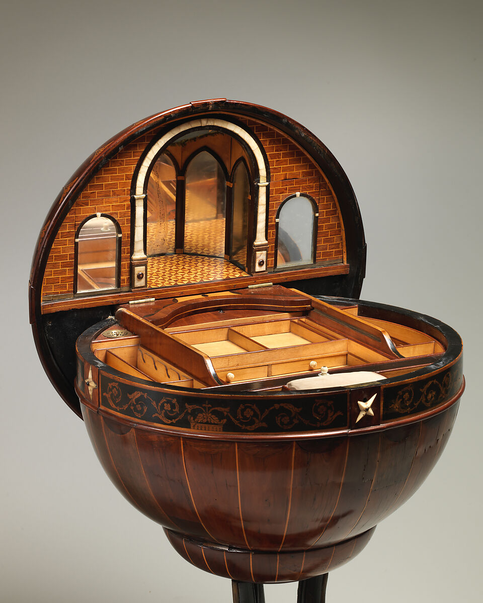 Sewing and writing table, Mahogany, cherry rosewood, satinwood, oak, brass, leather, alabaster, Austrian, Vienna