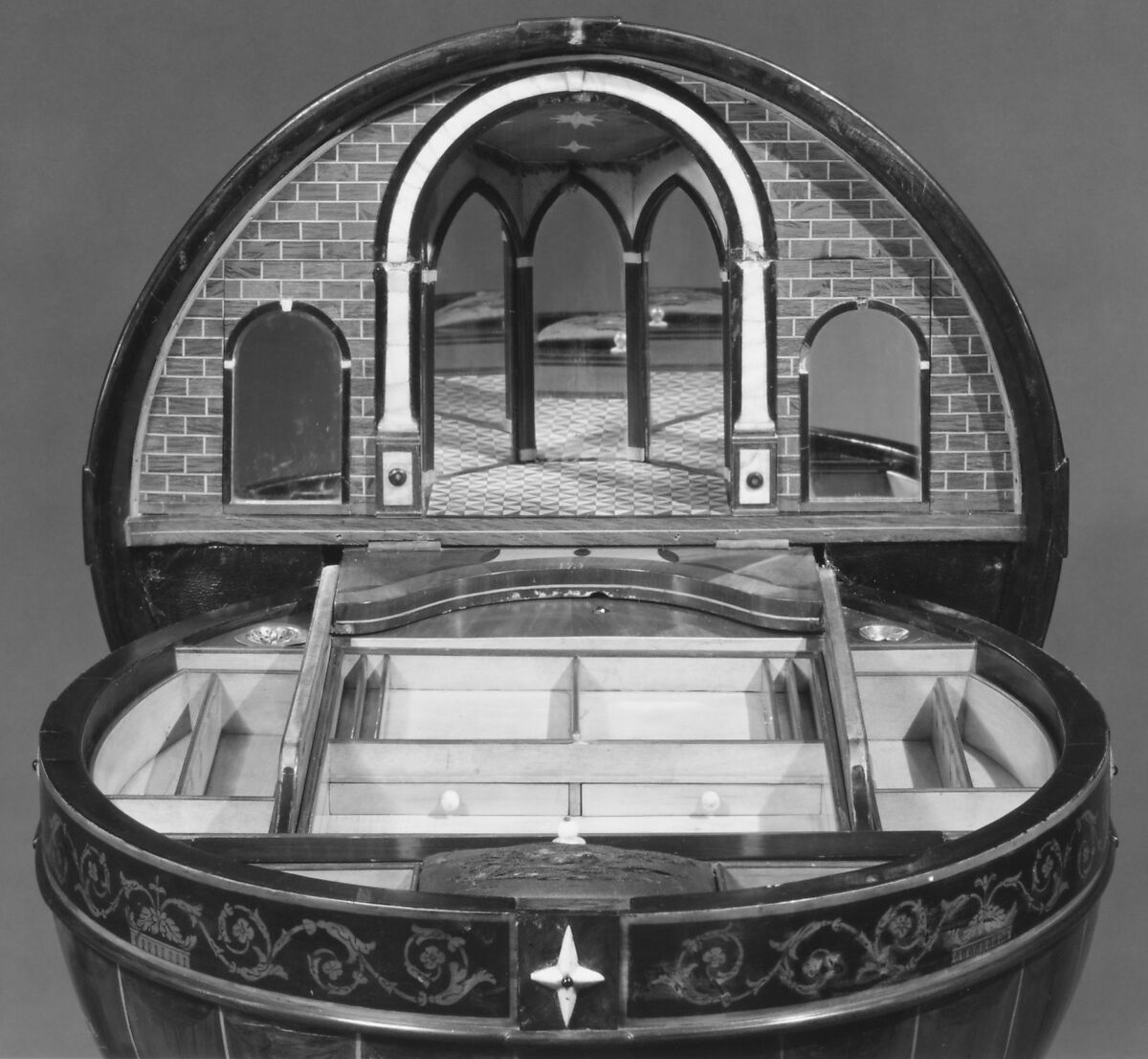 Sewing and writing table, Mahogany, cherry rosewood, satinwood, oak, brass, leather, alabaster, Austrian, Vienna