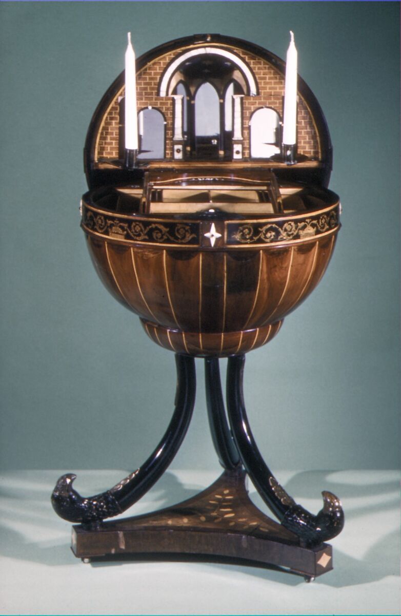 Sewing and writing table, Mahogany, cherry rosewood, satinwood, oak, brass, leather, alabaster, Austrian, Vienna