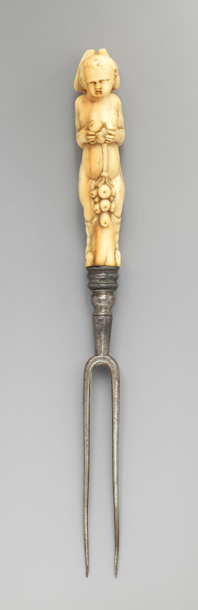 Fork with winged putto handle, Steel, ivory, probably Italian 
