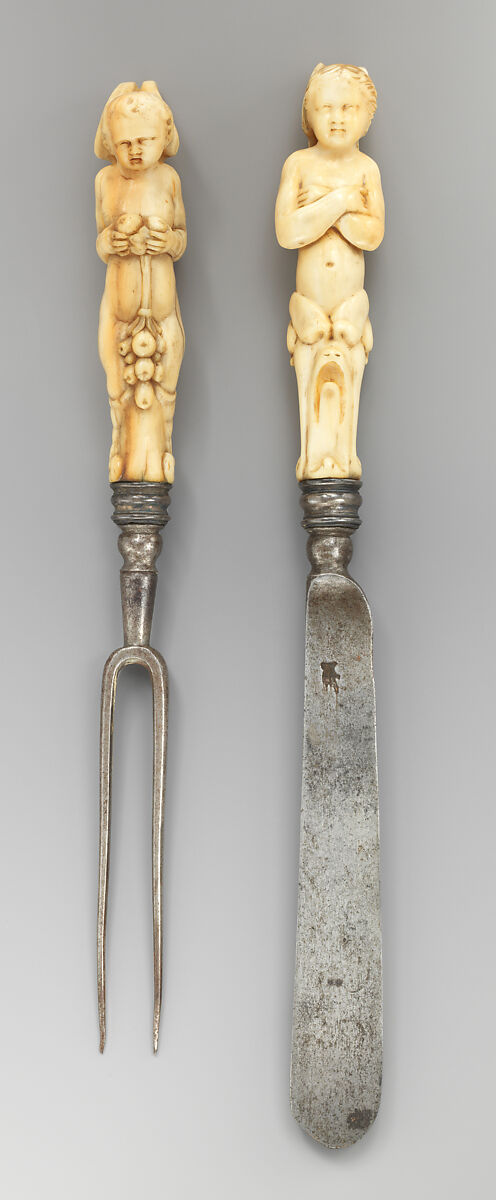 Fork with winged putto handle, Steel, ivory, probably Italian
