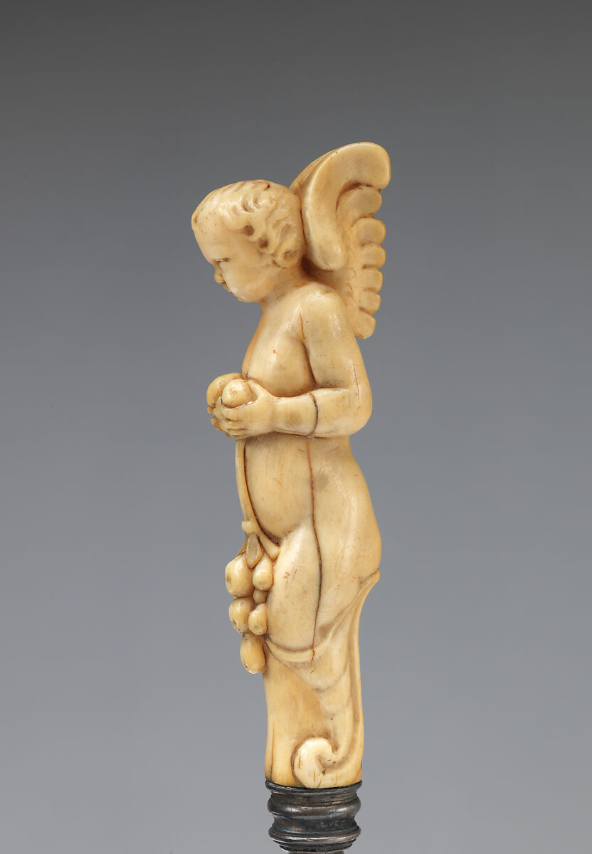 Fork with winged putto handle, Steel, ivory, probably Italian