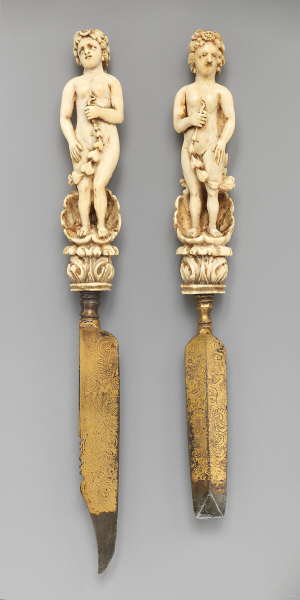 Knife with carved handle of nude female with crescent in hair standing in a half shell holding a swag, Steel gilt, ivory, Italian