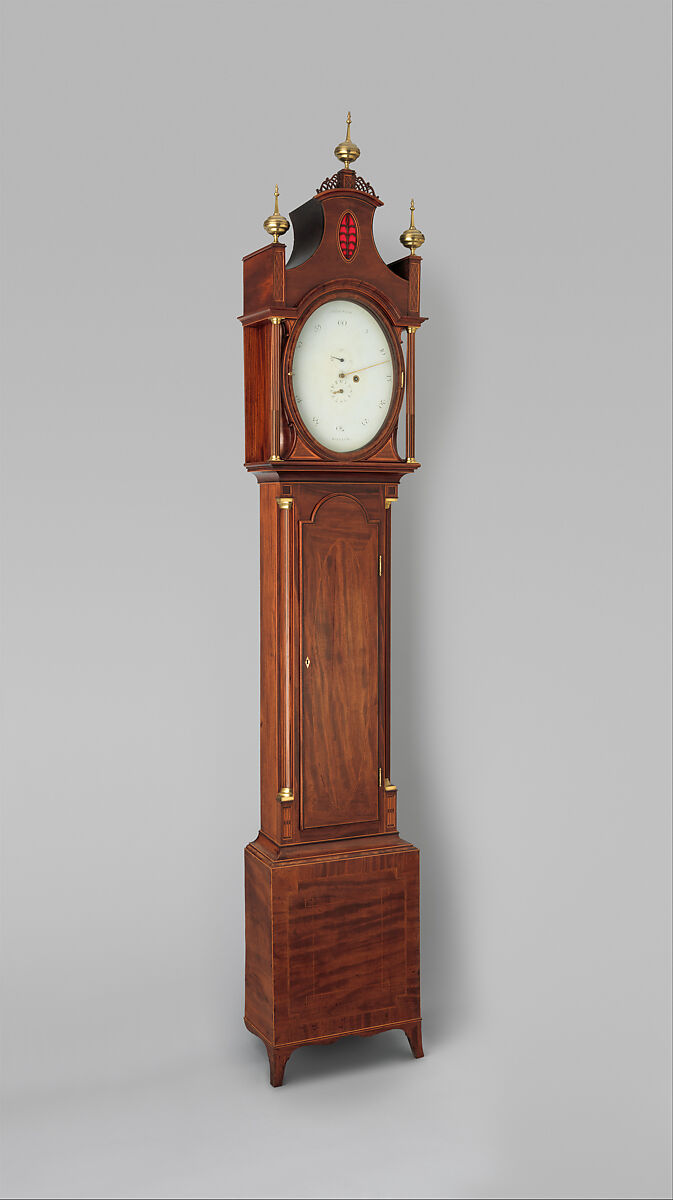 Longcase clock, Clockmaker: Thomas Dickenson (British, recorded 1790–1828), Case: rosewood, coniferous wood veneered with mahogany and inlaid with bands of holly, stained holly and bone, and brass; Dial: painted enamel on copper with brass hour hands; Movement: brass and steel, British 