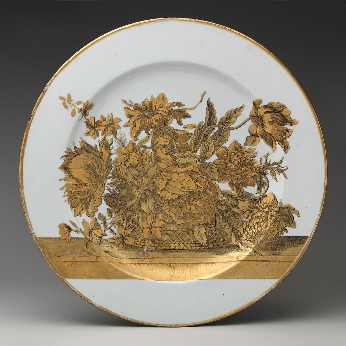 Plate (one of a pair), After engravings by Jean-Baptiste Monnoyer (French, Lille 1636–1699 London), Hard-paste porcelain with gilding, Chinese, possibly for Scottish market 