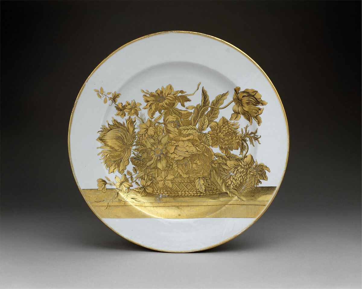 Plate (one of a pair), After engravings by Jean-Baptiste Monnoyer (French, Lille 1636–1699 London), Hard-paste porcelain with gilding, Chinese, possibly for Scottish market