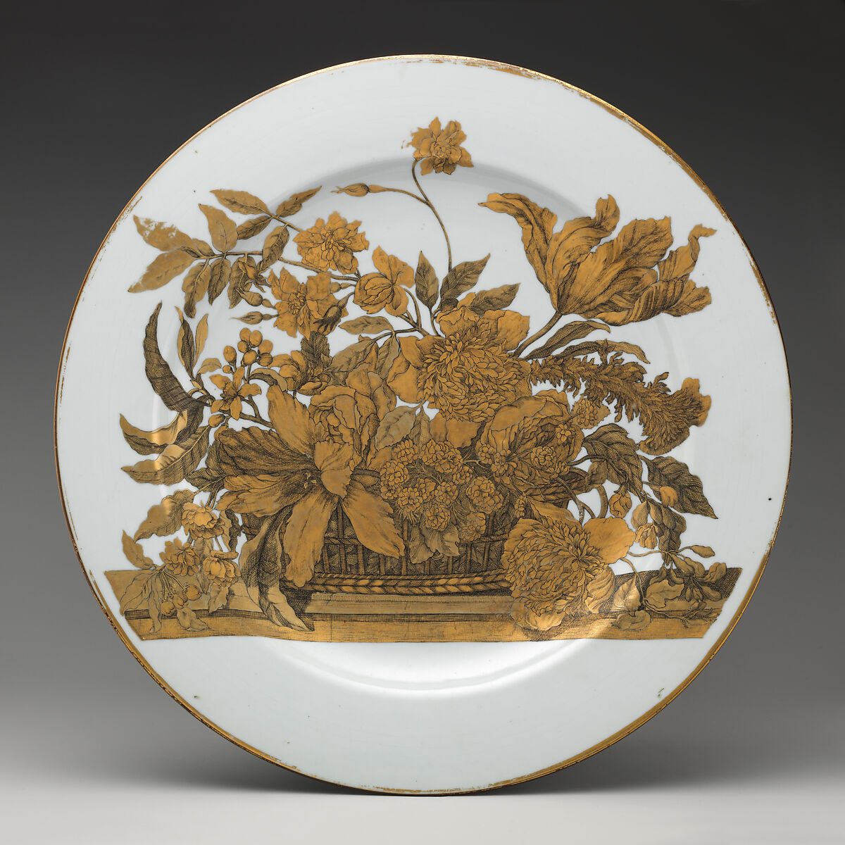 Plate (one of a pair), After engravings by Jean-Baptiste Monnoyer (French, Lille 1636–1699 London), Hard-paste porcelain with gilding, Chinese, possibly for Scottish market 
