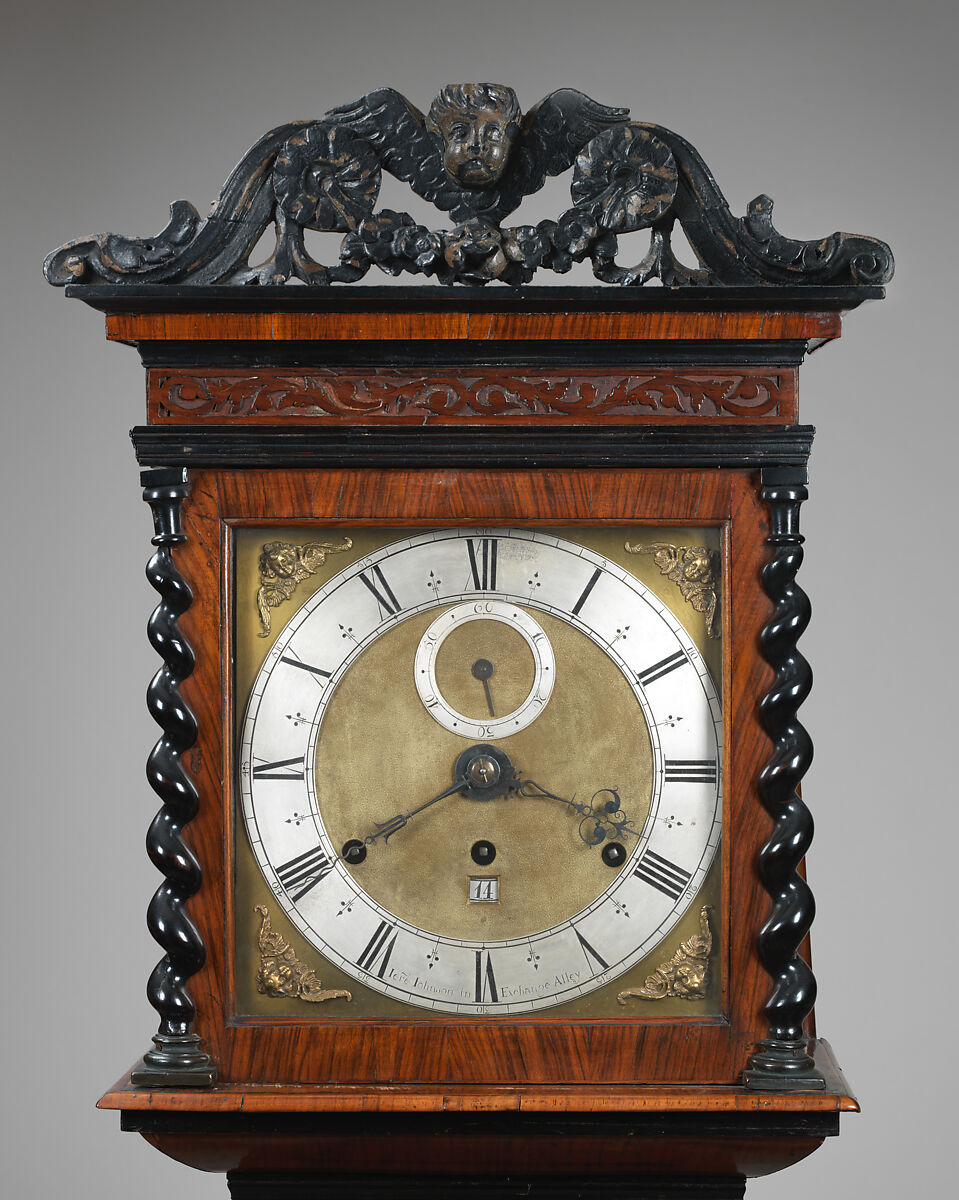 Longcase clock with calendar, Clockmaker: Jeremiah Johnson (British, ca. 1646–1709), Case: oak with walnut veneer and marquetry in various woods; Dial: gilded and silvered brass, British, London