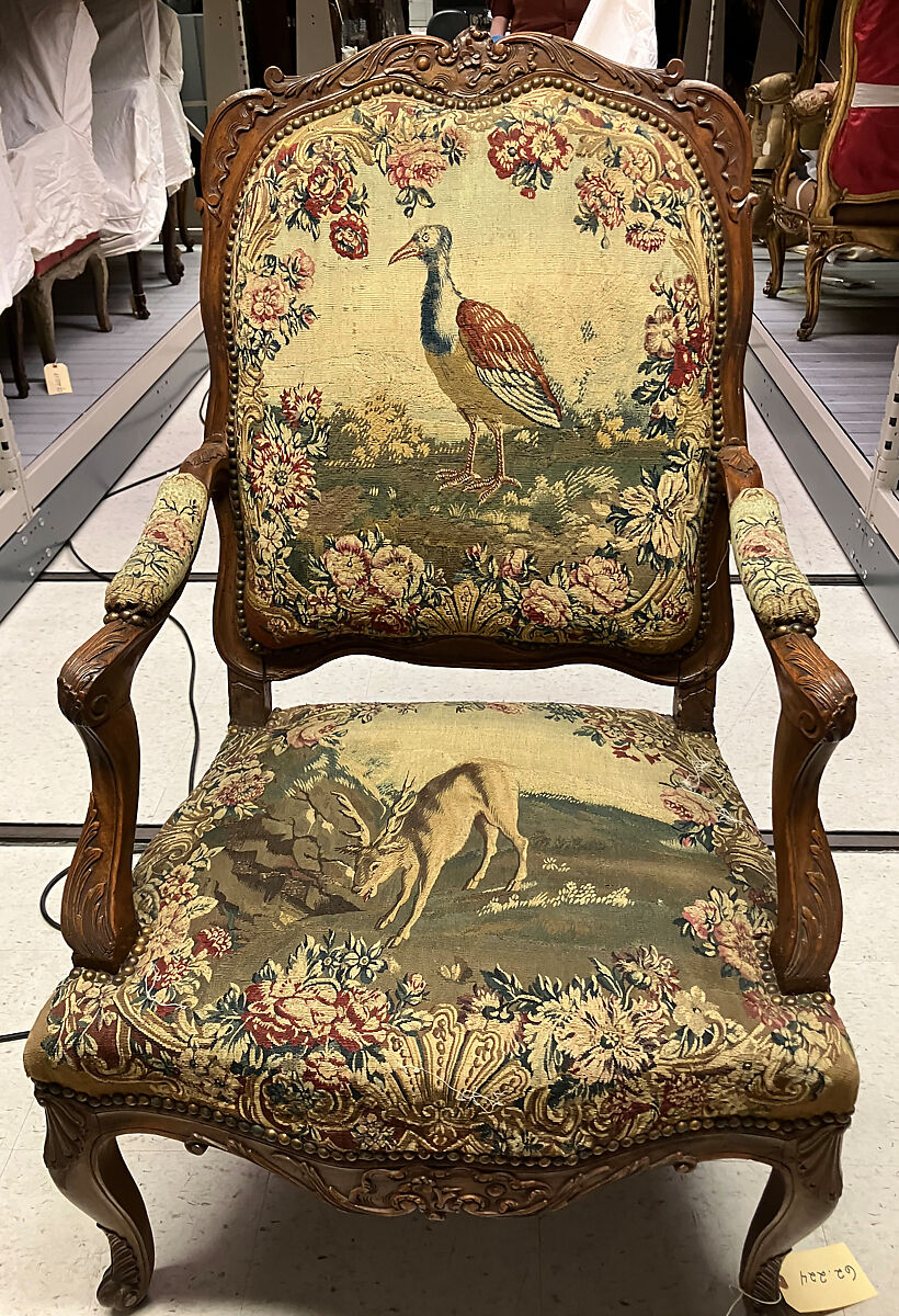 Armchair, Tapestry woven at Beauvais, Carved walnut; Beauvais tapestry upholstery, French