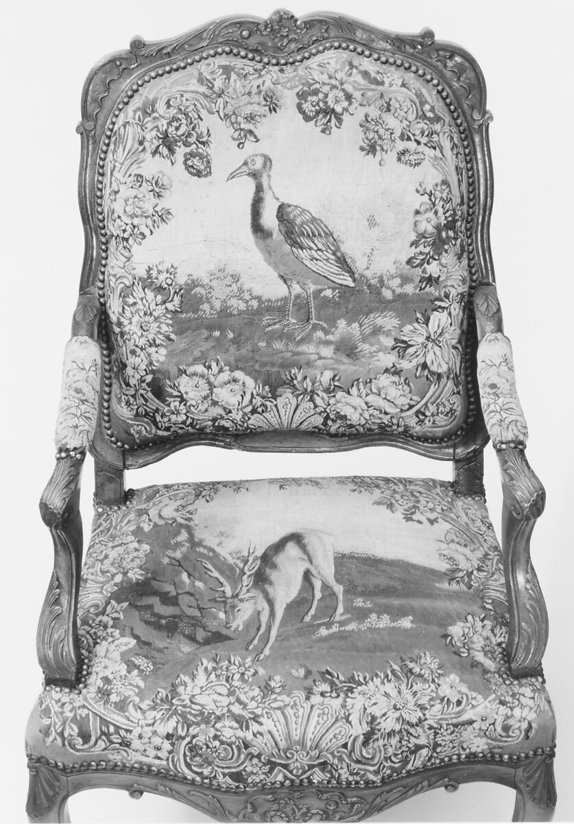 Armchair, Tapestry woven at Beauvais, Carved walnut; Beauvais tapestry upholstery, French