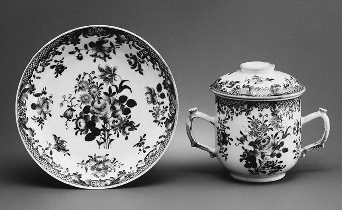 Cup with cover and saucer, Hard-paste porcelain, Chinese, possibly with British decoration 