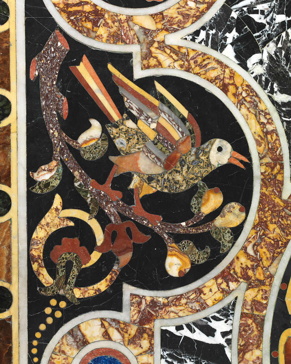 Pietra dura table top, Hardstones, alabaster, and marble (pietra dura); marble frame and walnut stand (replacement), Italian, Rome