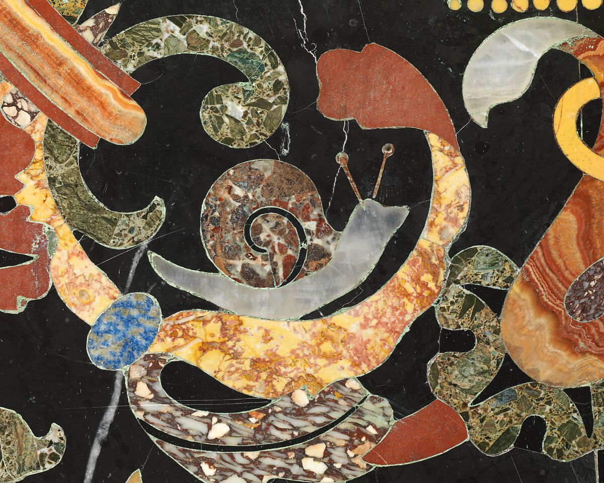 Pietra dura table top, Hardstones, alabaster, and marble (pietra dura); marble frame and walnut stand (replacement), Italian, Rome