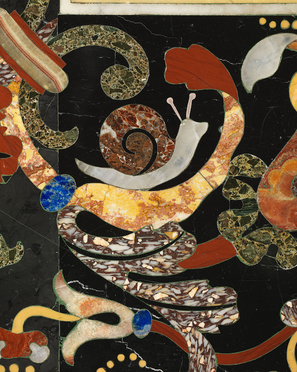 Pietra dura table top, Hardstones, alabaster, and marble (pietra dura); marble frame and walnut stand (replacement), Italian, Rome