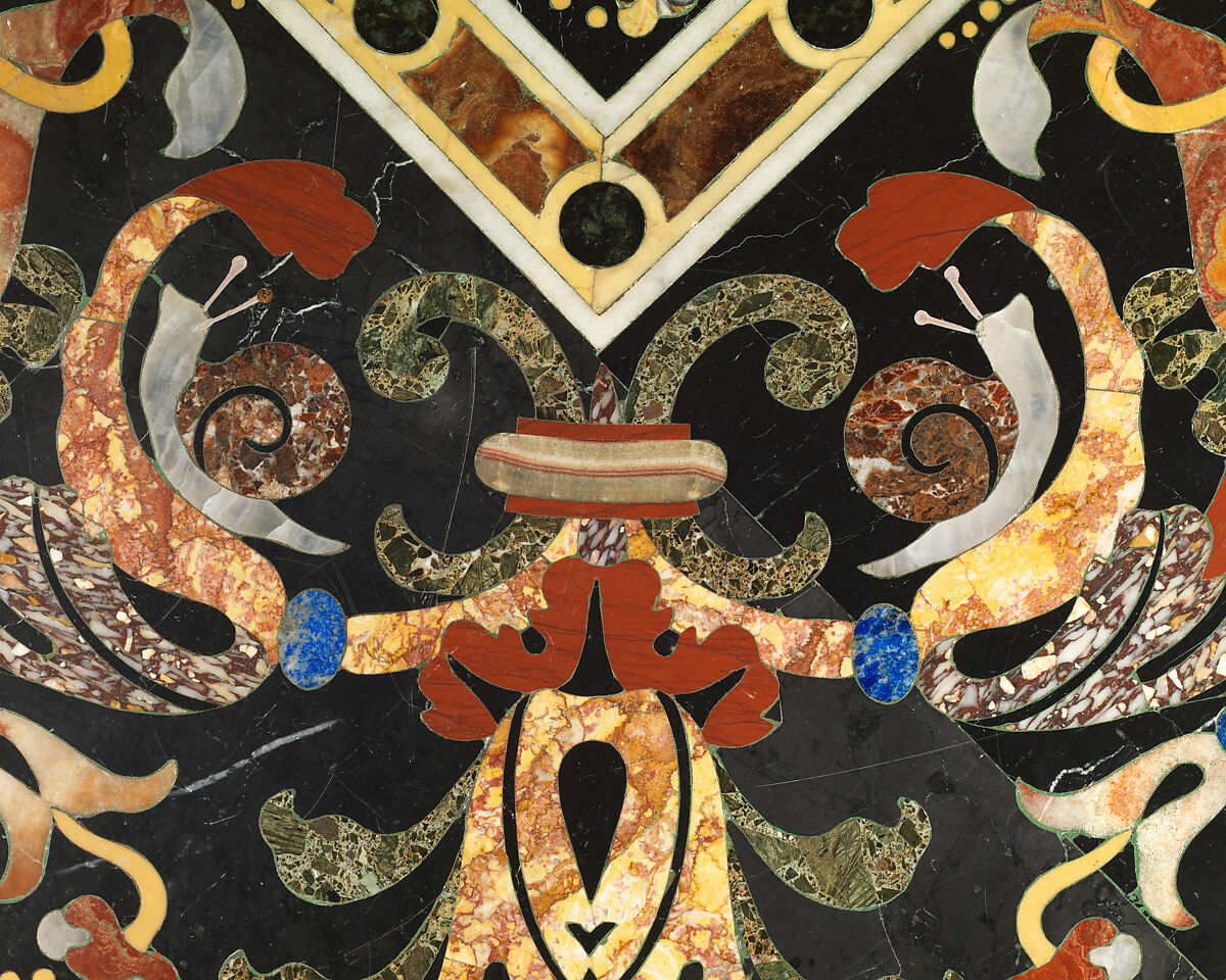 Pietra dura table top, Hardstones, alabaster, and marble (pietra dura); marble frame and walnut stand (replacement), Italian, Rome