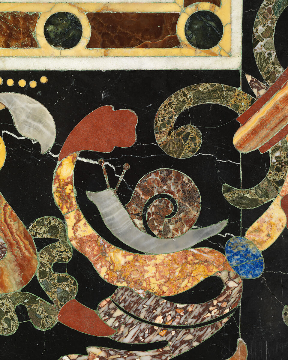 Pietra dura table top, Hardstones, alabaster, and marble (pietra dura); marble frame and walnut stand (replacement), Italian, Rome