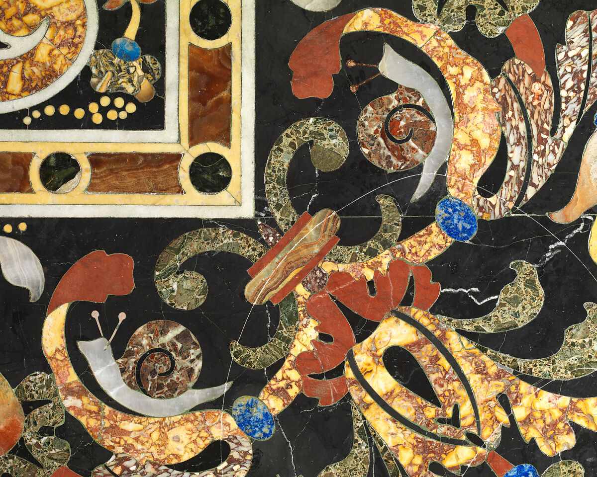 Pietra dura table top, Hardstones, alabaster, and marble (pietra dura); marble frame and walnut stand (replacement), Italian, Rome