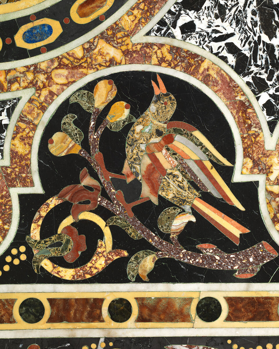 Pietra dura table top, Hardstones, alabaster, and marble (pietra dura); marble frame and walnut stand (replacement), Italian, Rome