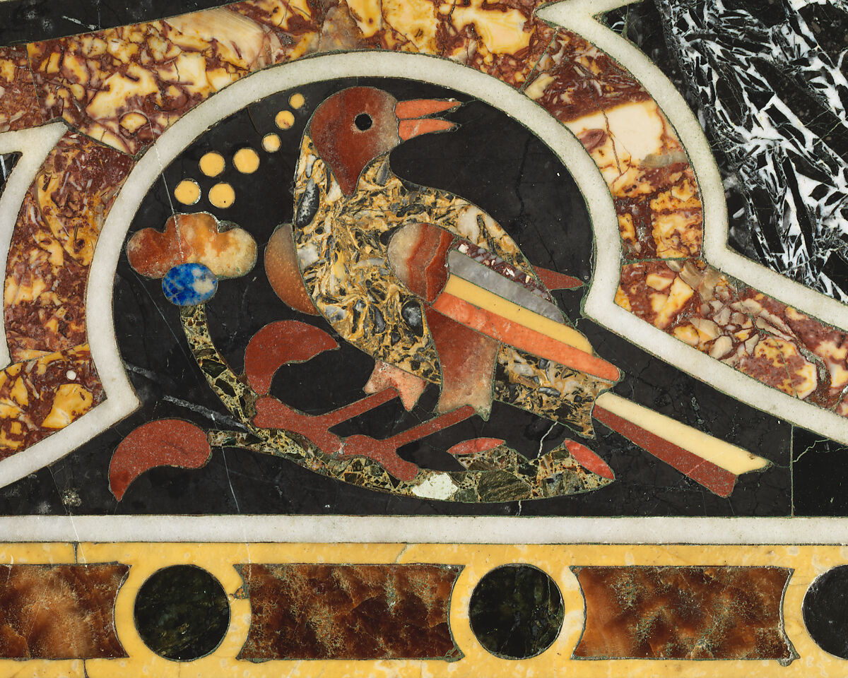 Pietra dura table top, Hardstones, alabaster, and marble (pietra dura); marble frame and walnut stand (replacement), Italian, Rome