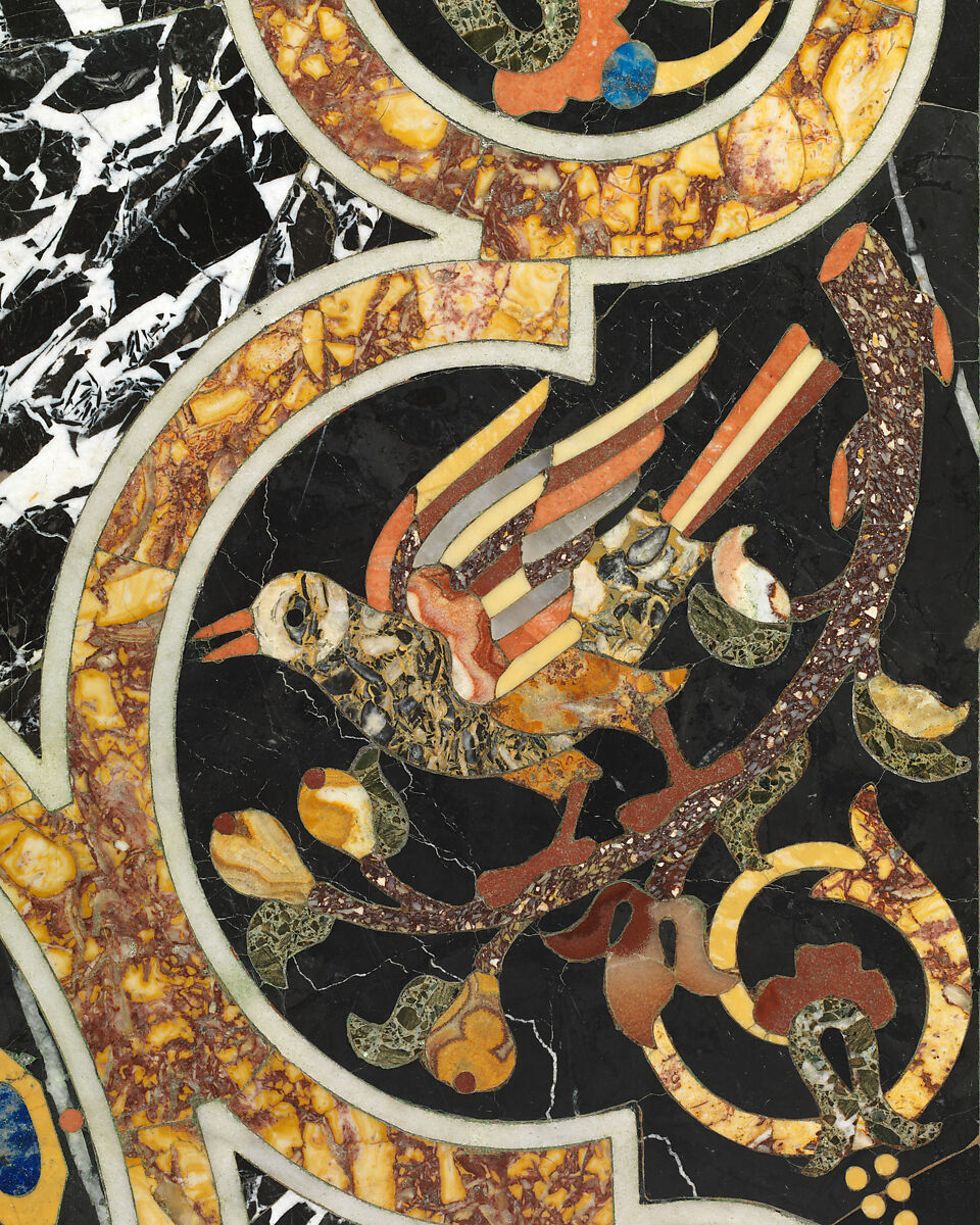 Pietra dura table top, Hardstones, alabaster, and marble (pietra dura); marble frame and walnut stand (replacement), Italian, Rome