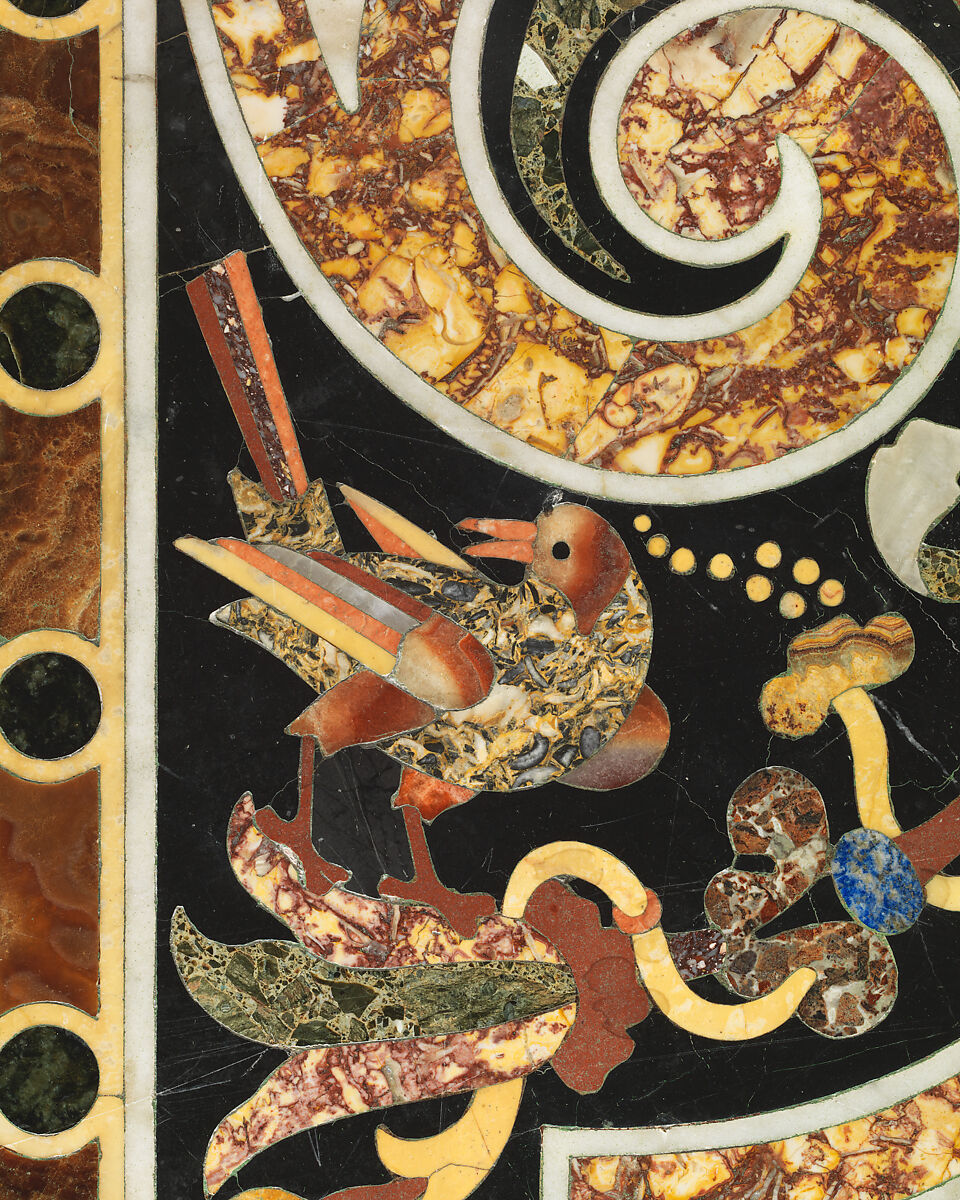 Pietra dura table top, Hardstones, alabaster, and marble (pietra dura); marble frame and walnut stand (replacement), Italian, Rome