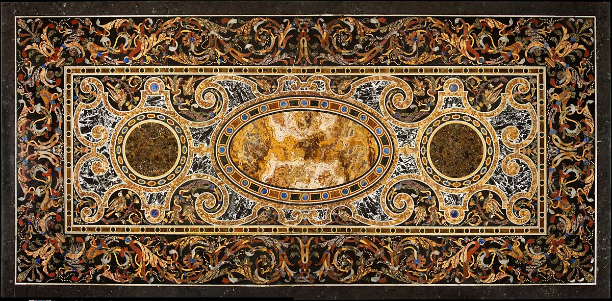 Pietra dura table top, Hardstones, alabaster, and marble (pietra dura); marble frame and walnut stand (replacement), Italian, Rome