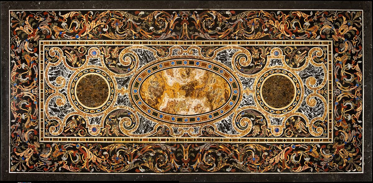 Pietra dura table top, Hardstones, alabaster, and marble (pietra dura); marble frame and walnut stand (replacement), Italian, Rome 